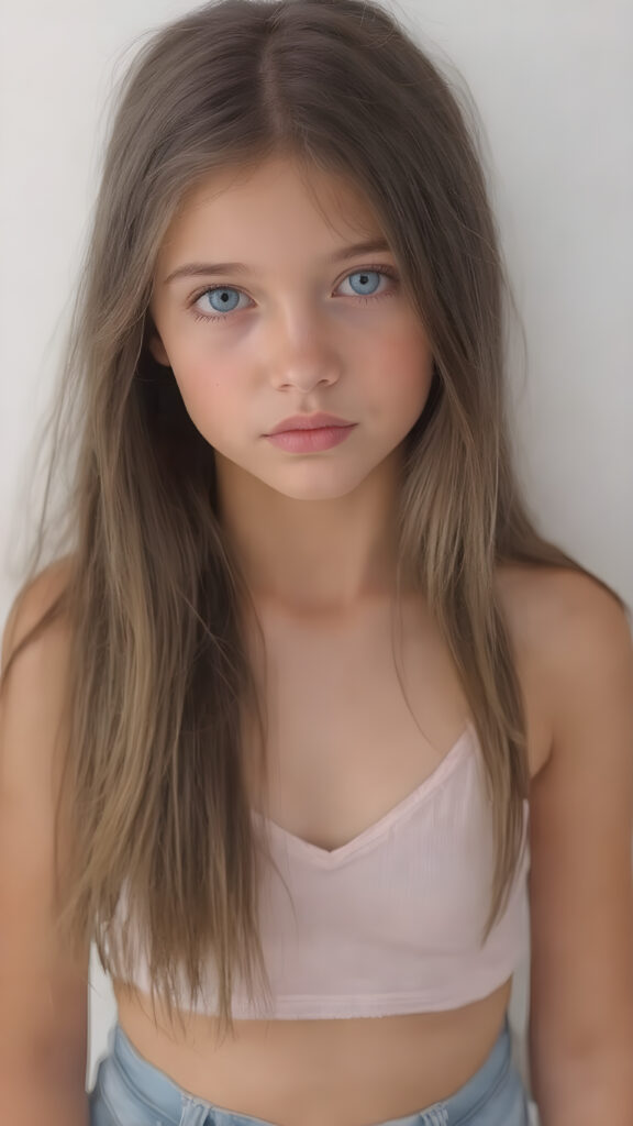 a (((beautiful, cute, and slender young girl))), with (light tan skin) and (very long, straight, thick, dark brown hair) that gives off a youthful glow, paired with (adorable puffy light blue eyes) that emit a sense of realism, all framed by a cozy (pastel color cropped short spaghetti tank top, deep v-neck) and (matching pastel blue jeans) cut in a (soft, pastel aesthetic) style that complements her (cheerful, happy expression) full body view
