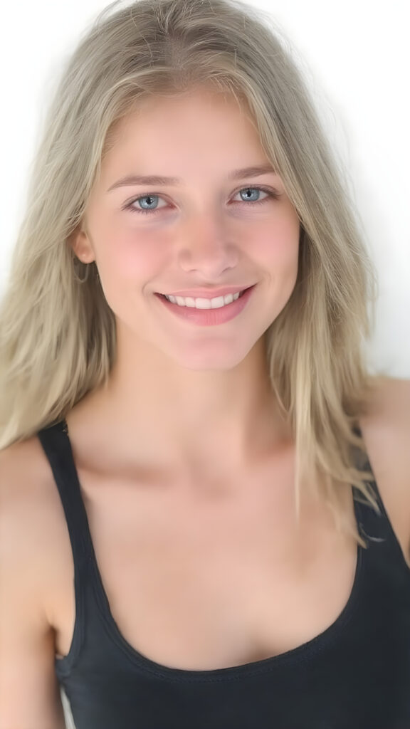 a (((beautiful busty young teen girl))), with straight (((light blond hair))) styled in a cropped and tight fitting (((black short tank top))). Her smile comes alive, revealing naturally full lips that match the perfect shade of detail and clarity. She exudes a youthful vibe, reminiscent of a high school senior, with a petite, yet perfectly proportioned figure, that perfectly complements her advanced features and advanced beauty, white backdrop