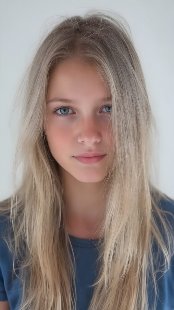 a (((beautiful young teen girl, 19 years old))) with (((extremely long, super realistic thick, cascading blonde hair))), which flows down to her waist and covers her front upper body, paired with (((brown, sand-colored eyes))), that convey a sense of tranquility. Her focus is on the camera, with a slightly turned head and a level of detail that suggests a (professional studio photo). Her attire is a (blue t-shirt). The setting is a (front profile), with a hint of a gentle smile, full body view