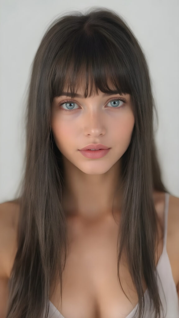 a (((beautiful girl looks like a doll))), with ((long, straight black hair, bangs)), and ((big, expressive, bright, natural light blue eyes)), that convey a sense of youthful allure. Her ((skin is flawless)). She's ((busty)), with ((big, round, full, slightly parted lips that add to her enchanting smile)). Her ((almond skin)) adds to her ((natural beauty)), with ((mini low-cut v-neck tank top, perfect and cute detailed belly button)), light grey studio backdrop, ( Hyper-detailed Warm tones Dramatic lighting Cinematic )