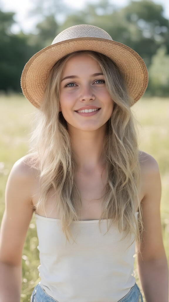 a (((beautiful, young, ((slender)), lean and fit cute girl))), with (pale skin) and (long, wavy, dirty blonde hair), that gives off a (soft glow), as she stands confidently in a (sunny meadow), wearing a (vintage-inspired, straw hat) that complements her look. Her expression is one of pure joy and excitement, as she gazes out into the (brightly sunny day).