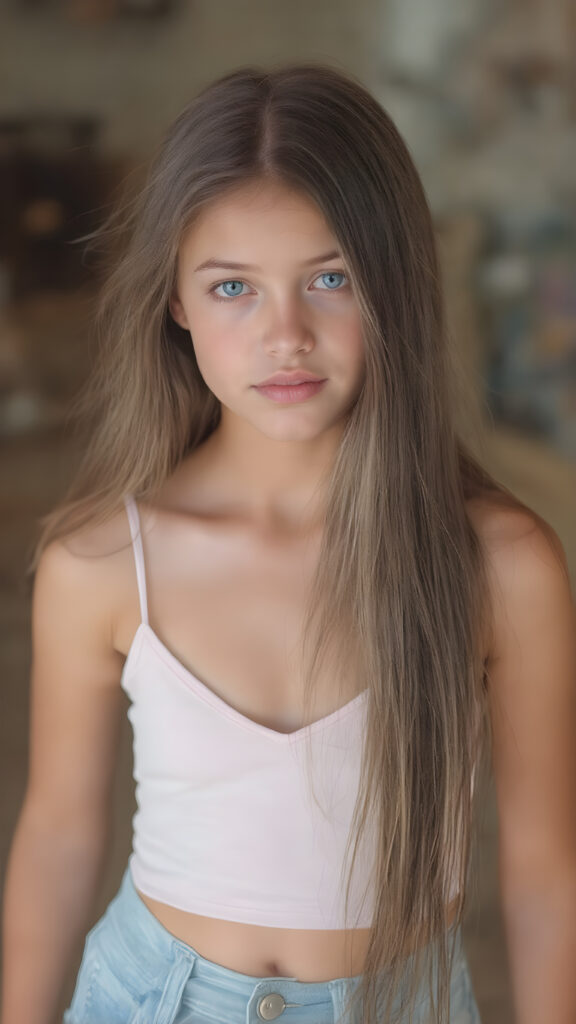 a (((beautiful, cute, and slender young girl))), with (light tan skin) and (very long, straight, thick, dark brown hair) that gives off a youthful glow, paired with (adorable puffy light blue eyes) that emit a sense of realism, all framed by a cozy (pastel color cropped short spaghetti tank top, deep v-neck) and (matching pastel blue jeans) cut in a (soft, pastel aesthetic) style that complements her (cheerful, happy expression) full body view