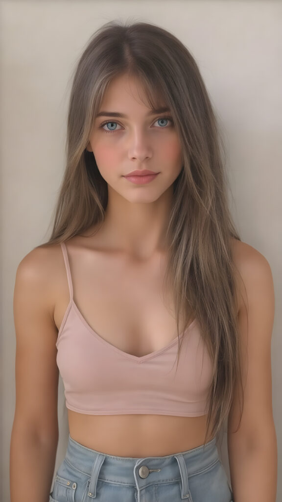 a (((beautiful, cute, and slender young well busty girl))), with (light tan skin) and (very long, straight, thick, dark brown hair) that gives off a youthful glow, paired with (adorable puffy light blue eyes) that emit a sense of realism, all framed by a cozy (pastel color cropped short spaghetti tank top, deep v-neck) and (matching pastel blue jeans) cut in a (soft, realistic aesthetic) style that complements her (cheerful, happy expression) full body view