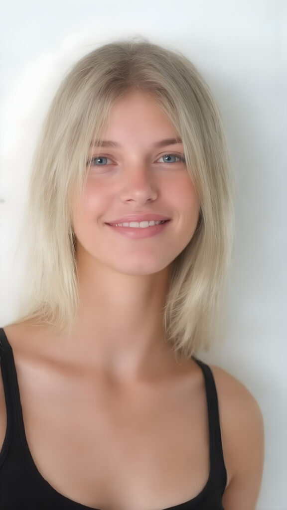 a (((beautiful busty young teen girl))), with straight (((light blond hair))) styled in a cropped and tight fitting (((black short tank top))). Her smile comes alive, revealing naturally full lips that match the perfect shade of detail and clarity. She exudes a youthful vibe, reminiscent of a high school senior, with a petite, yet perfectly proportioned figure, that perfectly complements her advanced features and advanced beauty, white backdrop