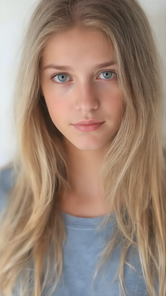a (((beautiful young teen girl, 19 years old))) with (((extremely long, super realistic thick, cascading blonde hair))), which flows down to her waist and covers her front upper body, paired with (((brown, sand-colored eyes))), that convey a sense of tranquility. Her focus is on the camera, with a slightly turned head and a level of detail that suggests a (professional studio photo). Her attire is a (blue t-shirt). The setting is a (front profile), with a hint of a gentle smile, full body view