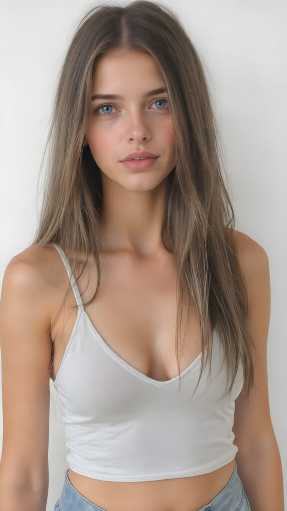 a (((beautiful, cute, and slender young well busty girl))), with (light tan skin) and (very long, straight, thick, dark brown hair) that gives off a youthful glow, paired with (adorable puffy light blue eyes) that emit a sense of realism, all framed by a cozy (pastel color cropped short spaghetti tank top, deep v-neck) and (matching pastel blue jeans) cut in a (soft, realistic aesthetic) style that complements her (cheerful, happy expression) full body view