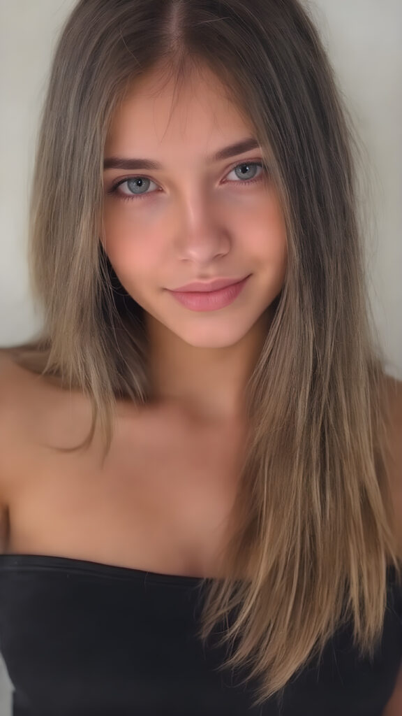 a (((beautiful, charming, alluring and captivating busty teen girl))), with straight, (((brown hair))), that perfectly frames her face, paired with (((flared and sleek black jeans))), accentuated by a (((very slight smile))), which gives off an air of sophistication and seduction