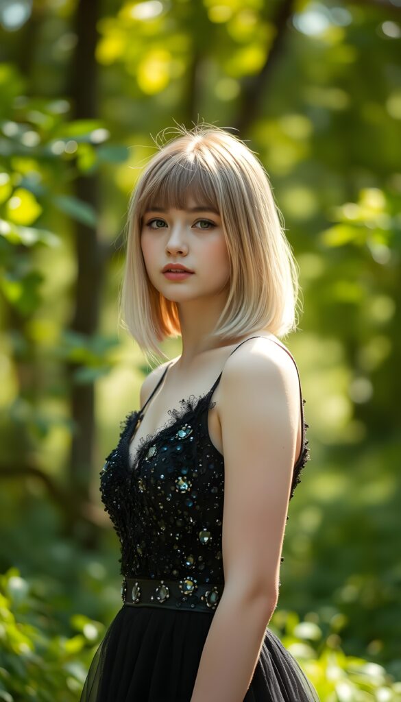a (((beautiful teen girl))) dressed in a (((black crystal dress))), with soft full open straight blonde hair, bob cut, paired with delicate, against a backdrop in a green sunny forest.