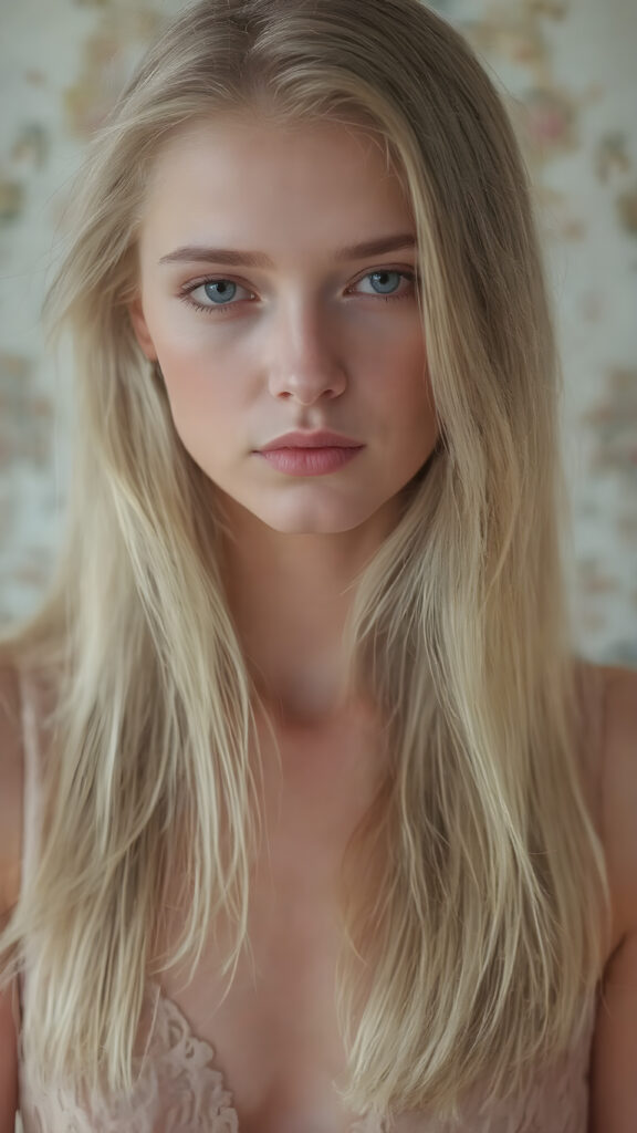 a (((beautiful girl))) with luxurious, (((shiny very long blond soft hair))), flawless skin, and a serene expression, her face and form are intricately detailed, giving off a soft glow that adds a touch of magic, she's dressed in a ((silk dress with designs of small flowers)), which accentuates her elegant figure, blending seamlessly with the intricate patterns and colors of the setting