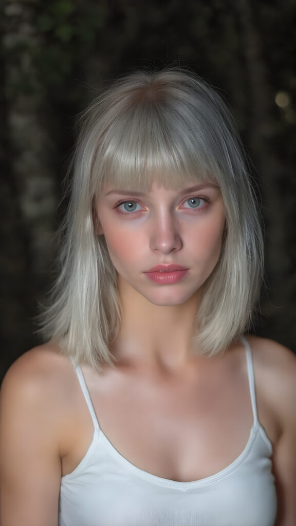 a (((beautiful girl))) in a ((forest at night)), with ((pale skin)) and ((brightly colored eyes)), white soft straight hair bob and bangs cut, dressed in a short white (((spaghetti top))), which gently billows around her form, accentuating her perfect curved figure and softly illuminated by the glow of (natural forest light)