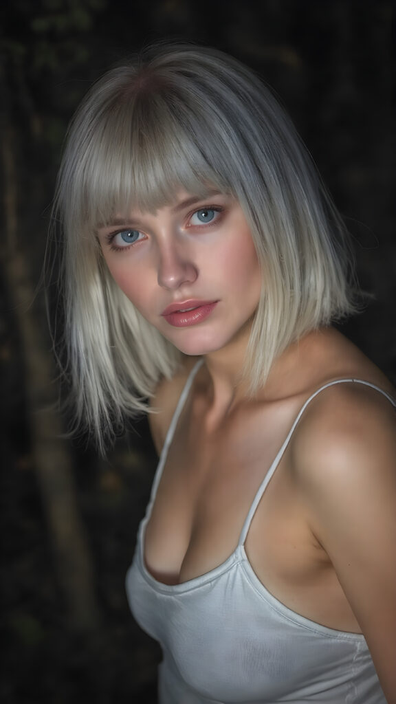 a (((beautiful girl))) in a ((forest at night)), with ((pale skin)) and ((brightly colored eyes)), white soft straight hair bob and bangs cut, dressed in a short white (((spaghetti top))), which gently billows around her form, accentuating her perfect curved figure and softly illuminated by the glow of (natural forest light)