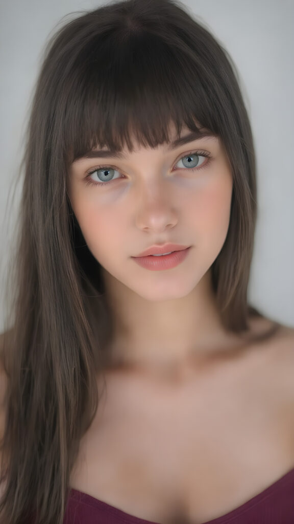 a (((beautiful young teen girl looks like a doll))), with ((long, straight black hair, bangs)), and ((big, expressive, bright, natural light blue eyes)), that convey a sense of youthful allure. Her ((skin is flawless)). She's ((busty)), with ((big, round, full, slightly parted lips that add to her enchanting smile)). Her ((almond skin)) adds to her ((natural beauty)), with ((mini low-cut v-neck tank top, perfect and cute detailed belly button)), light grey studio backdrop, ( Hyper-detailed Warm tones Dramatic lighting Cinematic )