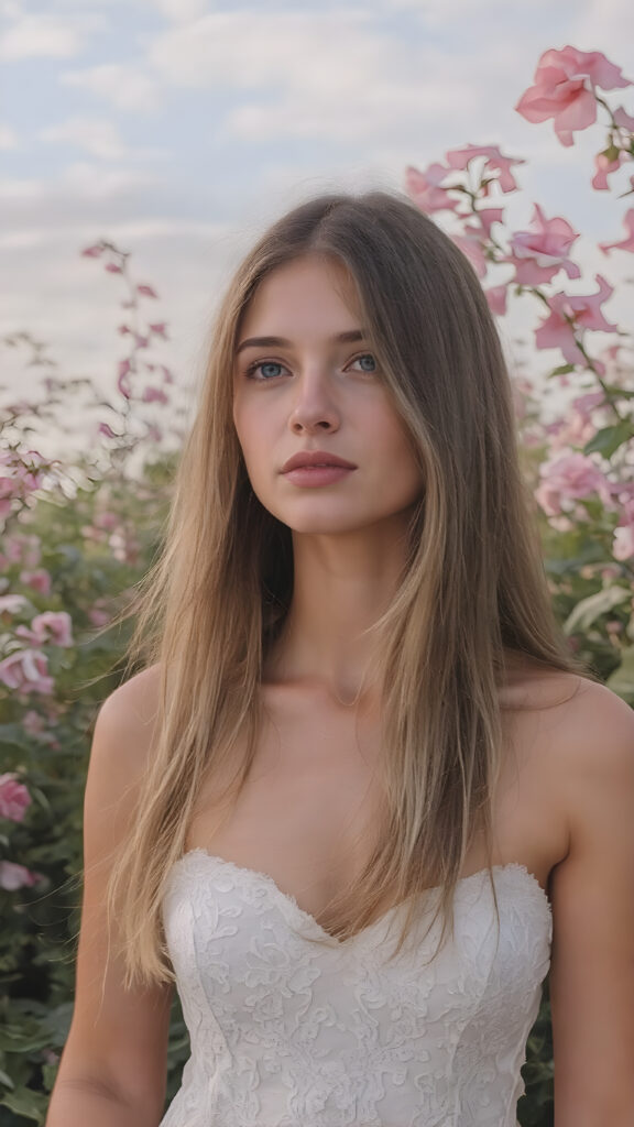 a (((beautiful young woman, perfect female body))) named Eva, with straight, (((long, silky brown and blonde hair))), dressed in a (((white, dress))), adorned with intricate floral designs, waiting confidently in a ((Paradise Garden) under a gently glowing skies)