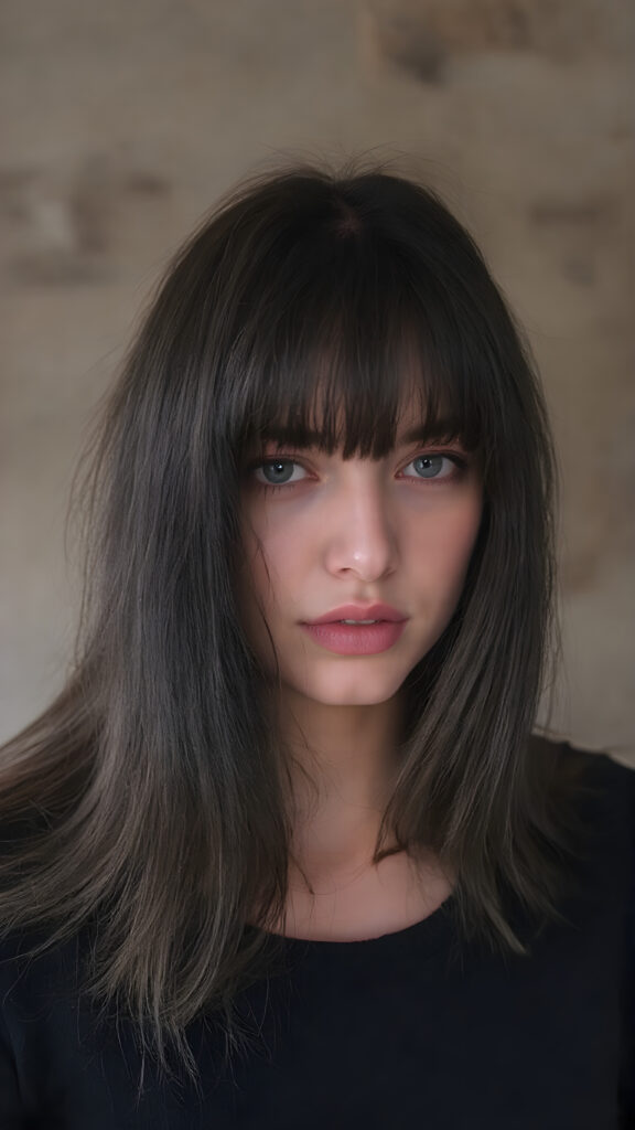 a beautiful Emo teenage girl with black hair, bangs and a black soft wool sweater. Professional realistic photo ((stunning)) ((gorgeous))