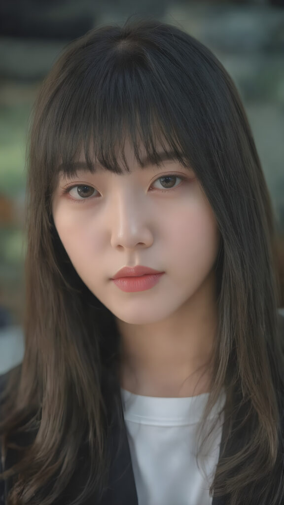 a beautiful Korean girl with long, straight black hair and a perfect bangs cut. She has full, plump red lips, a flawless face and wears a black business suit. A white T-shirt underneath. She is, however, a very bad girl.