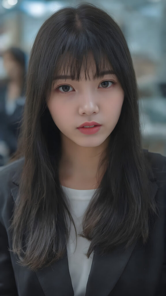 a beautiful Korean girl with long, straight black hair and a perfect bangs cut. She has full, plump red lips, a flawless face and wears a black business suit. A white T-shirt underneath. She is, however, a very bad girl.
