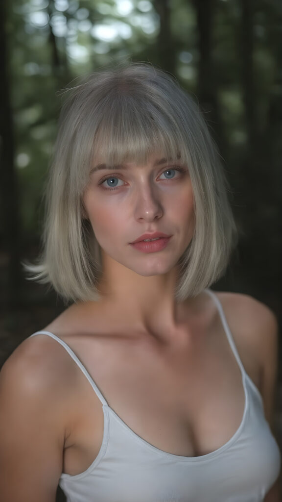 a (((beautiful girl))) in a ((forest at night)), with ((pale skin)) and ((brightly colored eyes)), white soft straight hair bob and bangs cut, dressed in a short white (((spaghetti top))), which gently billows around her form, accentuating her perfect curved figure and softly illuminated by the glow of (natural forest light)