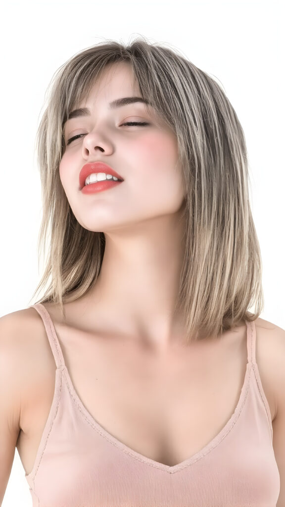 a (((beautiful well busty young teen girl))), with straight (((light soft amber hair))) styled in a cropped and tight fitting (((light amber short tank top, deep v-neck))). She has closed eyes and wide open mouth and white teeth and enjoy her desire, her head is tilted back and looks into the air. Round detailed cute face. She exudes a youthful vibe, reminiscent of a high school girl, with a petite, yet perfectly proportioned figure, that perfectly complements her advanced features and advanced beauty, white backdrop, side view, whole body
