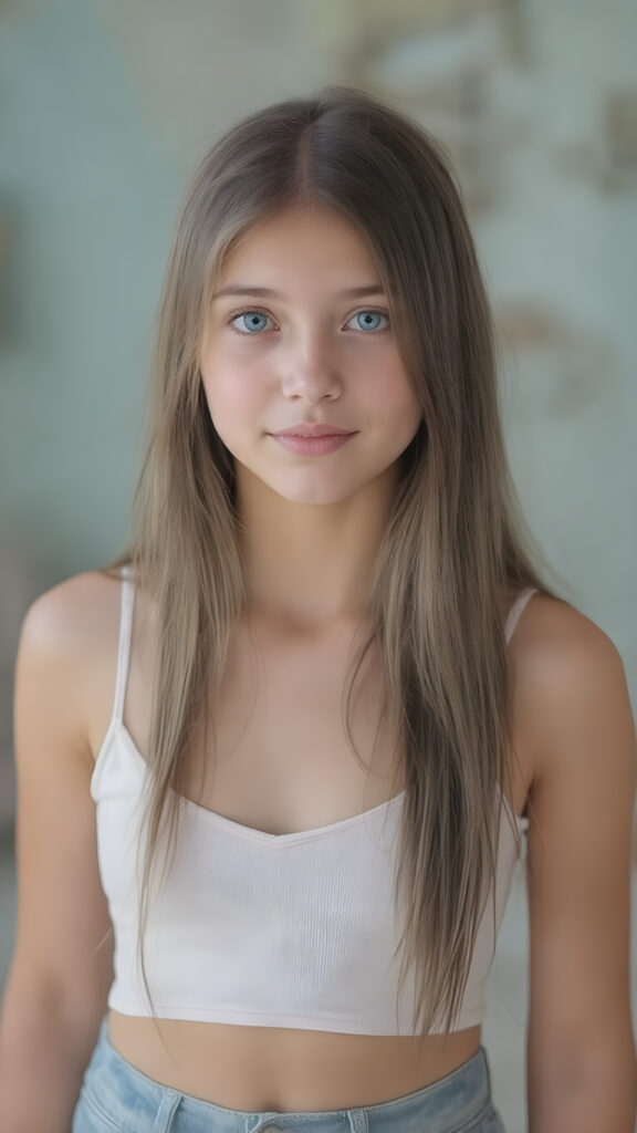 a (((beautiful, cute, and slender young girl))), with (light tan skin) and (very long, straight, thick, dark brown hair) that gives off a youthful glow, paired with (adorable puffy light blue eyes) that emit a sense of realism, all framed by a cozy (pastel color cropped short spaghetti tank top, deep v-neck) and (matching pastel blue jeans) cut in a (soft, pastel aesthetic) style that complements her (cheerful, happy expression) full body view