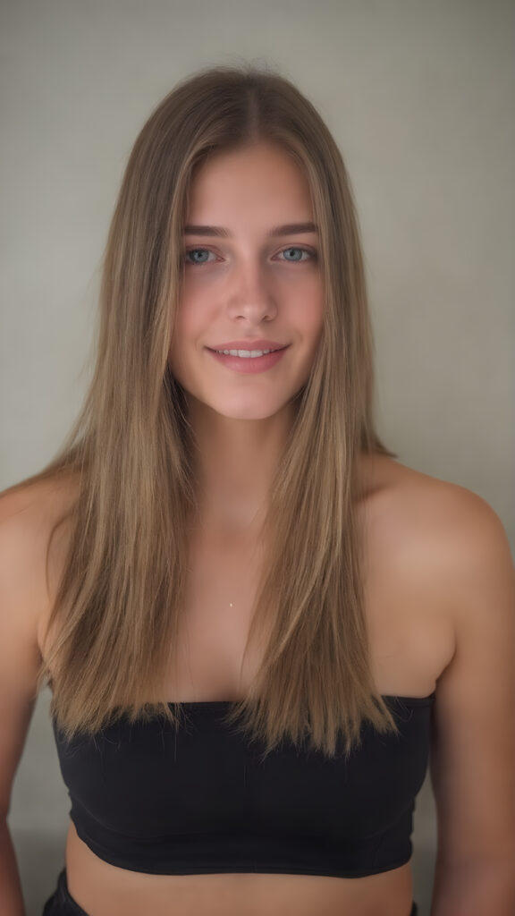 a (((beautiful, charming, alluring and captivating busty teen girl))), with straight, (((brown hair))), that perfectly frames her face, paired with (((flared and sleek black jeans))), accentuated by a (((very slight smile))), which gives off an air of sophistication and seduction