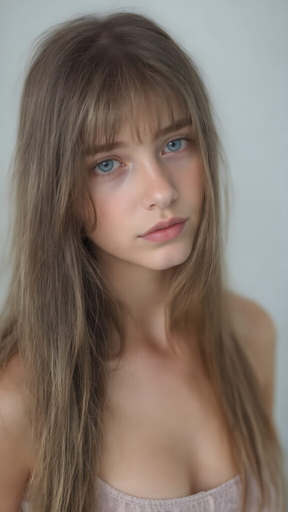 a (((beautiful young girl looks like a doll))), with ((extremely long, straight, thick, untucked soft brown hair, bangs)), and ((big, expressive, bright, natural light blue eyes)), that convey a sense of youthful allure. Her ((skin is flawless)). She's ((busty)), with ((big, round, full, slightly parted lips that add to her enchanting smile)). Her ((almond skin)) adds to her ((natural beauty)), with ((long, sheer, thin, tight tank top)), light grey studio backdrop