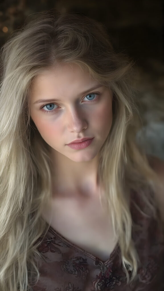 a (((beautiful witch girl))) with luxurious, (((shiny very long blond soft hair))), flawless skin, and a serene expression, her face and form are intricately detailed, giving off a soft glow that adds a touch of magic, she's dressed in a ((silk dress with designs of small flowers)), which accentuates her elegant figure, blending seamlessly with the intricate patterns and colors of the setting