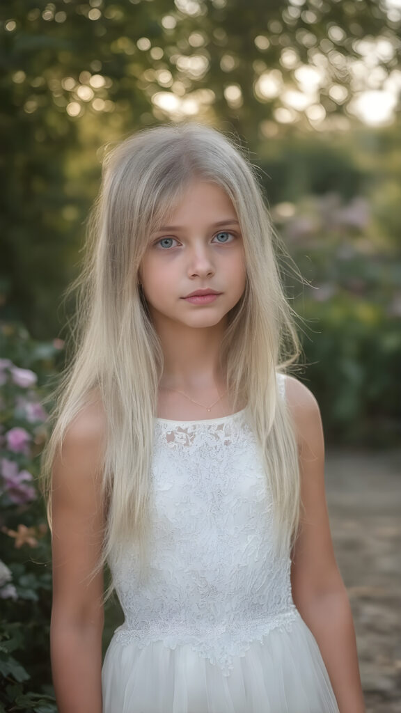 a (((beautiful young girl))) named Eva, with straight, (((long, silky white hair))), dressed in a (((white, sparkling dress))), adorned with intricate floral designs, waiting confidently in a (Paradise Garden) under a gently glowing skies)