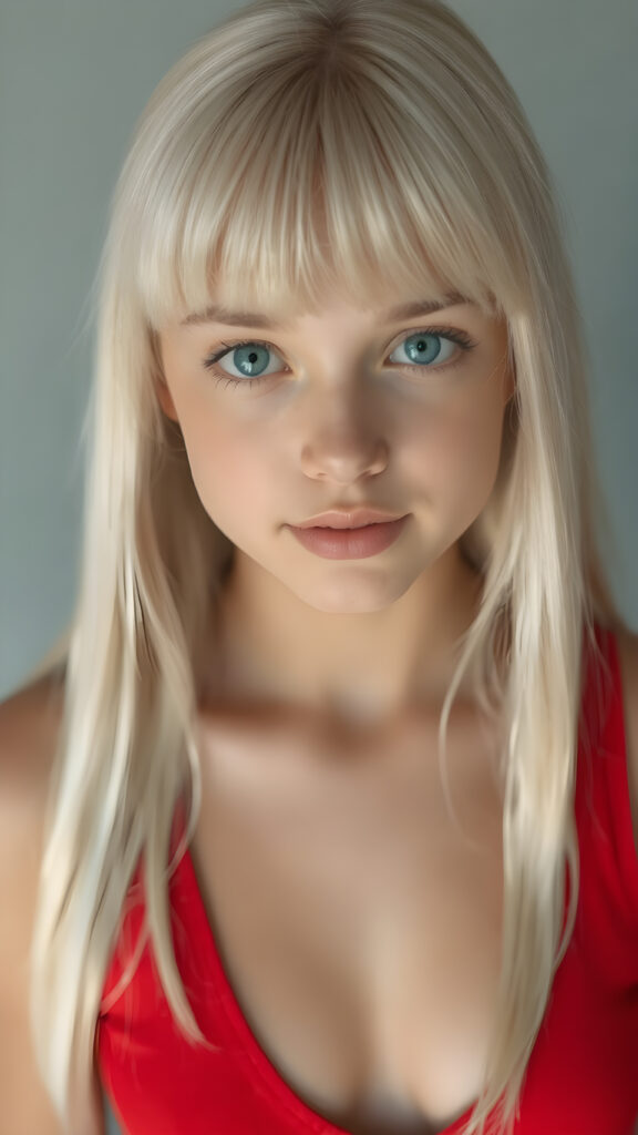 a realistic and detailed portrait, a (((beautiful young teen girl looks like a cute doll))), with ((super realistic, detailed long, straight white hair, bangs)), and ((big, expressive, bright, natural light blue eyes)), that convey a sense of youthful allure. Her ((skin is flawless)). She's ((busty)), with ((big, round, full, slightly parted lips that add to her enchanting smile)). Her ((almond skin)) adds to her ((natural beauty)), with ((red mini low-cut v-neck tank top, perfect and cute detailed belly button)), light grey studio backdrop, ( Hyper-detailed Warm tones Dramatic lighting Cinematic )