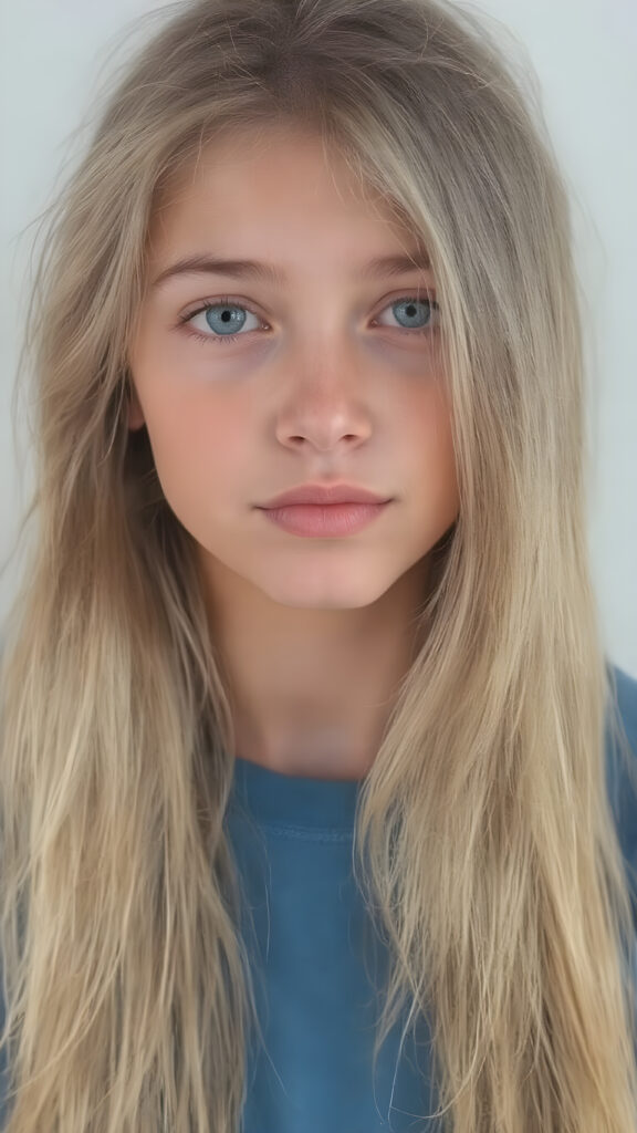 a (((beautiful young teen girl, 19 years old))) with (((extremely long, super realistic thick, cascading blonde hair))), which flows down to her waist and covers her front upper body, paired with (((brown, sand-colored eyes))), that convey a sense of tranquility. Her focus is on the camera, with a slightly turned head and a level of detail that suggests a (professional studio photo). Her attire is a (blue t-shirt). The setting is a (front profile), with a hint of a gentle smile, full body view