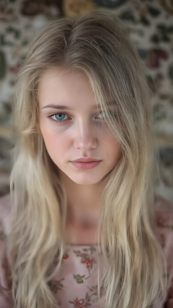 a (((beautiful girl))) with luxurious, (((shiny very long blond soft hair))), flawless skin, and a serene expression, her face and form are intricately detailed, giving off a soft glow that adds a touch of magic, she's dressed in a ((silk dress with designs of small flowers)), which accentuates her elegant figure, blending seamlessly with the intricate patterns and colors of the setting