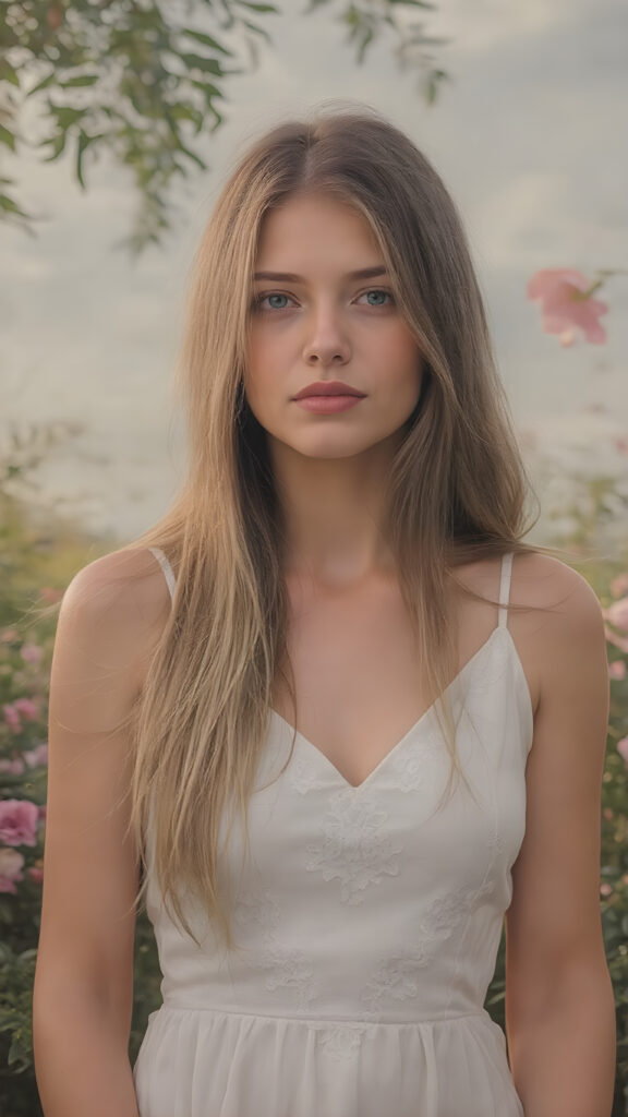 a (((beautiful young woman, perfect female body))) named Eva, with straight, (((long, silky brown and blonde hair))), dressed in a (((white, dress))), adorned with intricate floral designs, waiting confidently in a ((Paradise Garden) under a gently glowing skies)