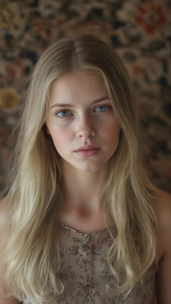 a (((beautiful girl))) with luxurious, (((shiny very long blond soft hair))), flawless skin, and a serene expression, her face and form are intricately detailed, giving off a soft glow that adds a touch of magic, she's dressed in a ((silk dress with designs of small flowers)), which accentuates her elegant figure, blending seamlessly with the intricate patterns and colors of the setting