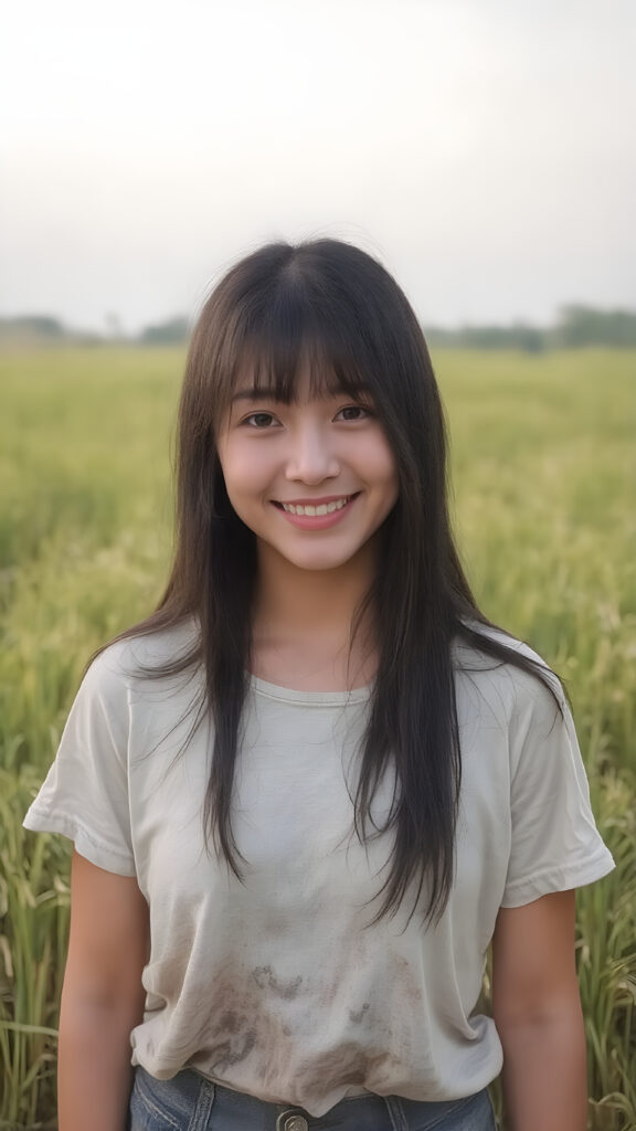 a beautiful and happy Korean girl with silky, straight jet-black hair stands in the middle of a rice paddy, smiling at the camera, wearing a poor, tattered short t-shirt, full body, perfect body, Her long hair falls over her shoulders and covers her upper body, ((realistic)) ((cinematic lights))