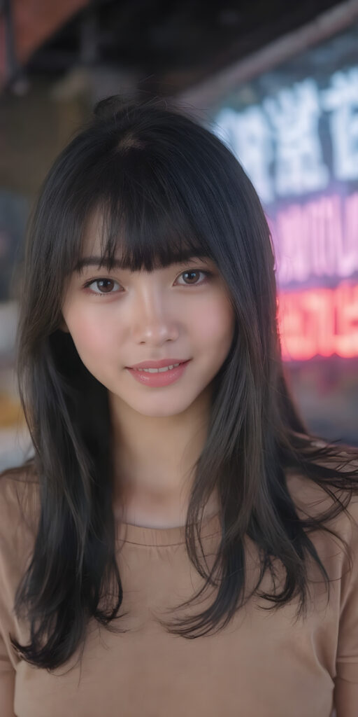 a beautiful and happy Korean young cute girlie with silky, straight jet-black hair, bangs, looks seductive at the camera, wearing tattered brown short t-shirt, full body, perfect body, Her long hair falls over her shoulders and covers her upper body, ((realistic)) ((cinematic lights)), neon light in backdrop
