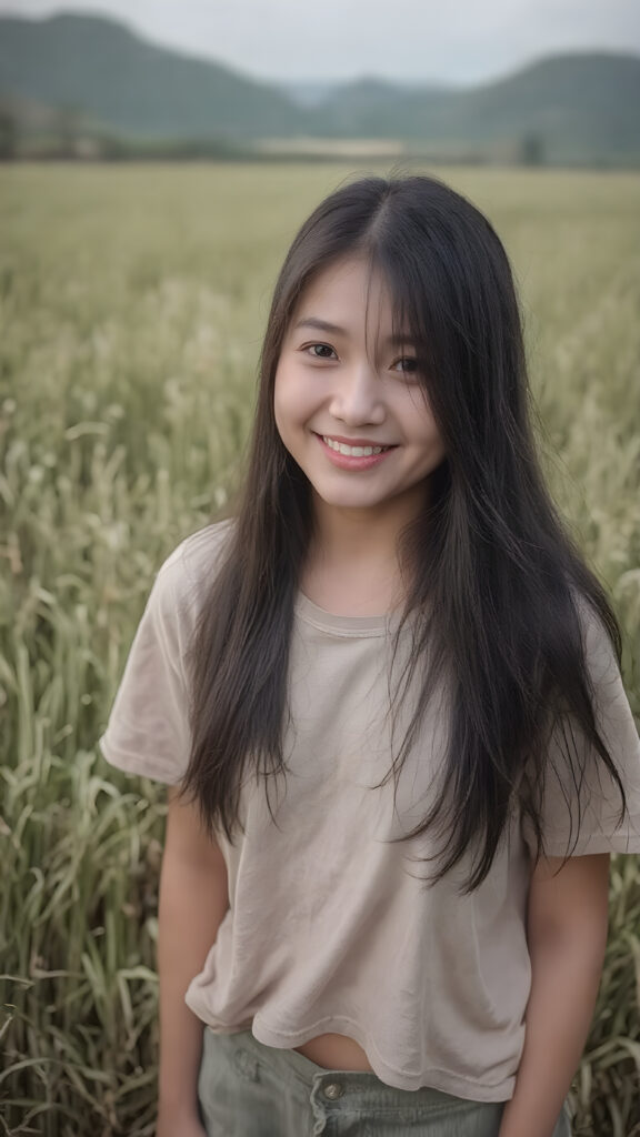 a beautiful and happy Korean girl with silky, straight jet-black hair stands in the middle of a rice paddy, smiling at the camera, wearing a poor, tattered short t-shirt, full body, perfect body, Her long hair falls over her shoulders and covers her upper body, ((realistic)) ((cinematic lights))