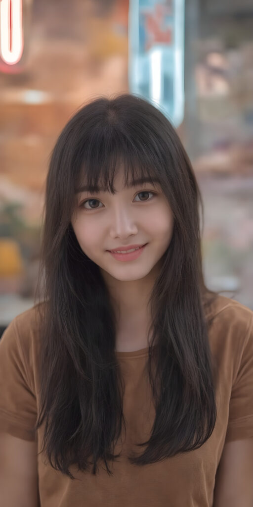 a beautiful and happy Korean young cute girlie with silky, straight jet-black hair, bangs, looks seductive at the camera, wearing tattered brown short t-shirt, full body, perfect body, Her long hair falls over her shoulders and covers her upper body, ((realistic)) ((cinematic lights)), neon light in backdrop