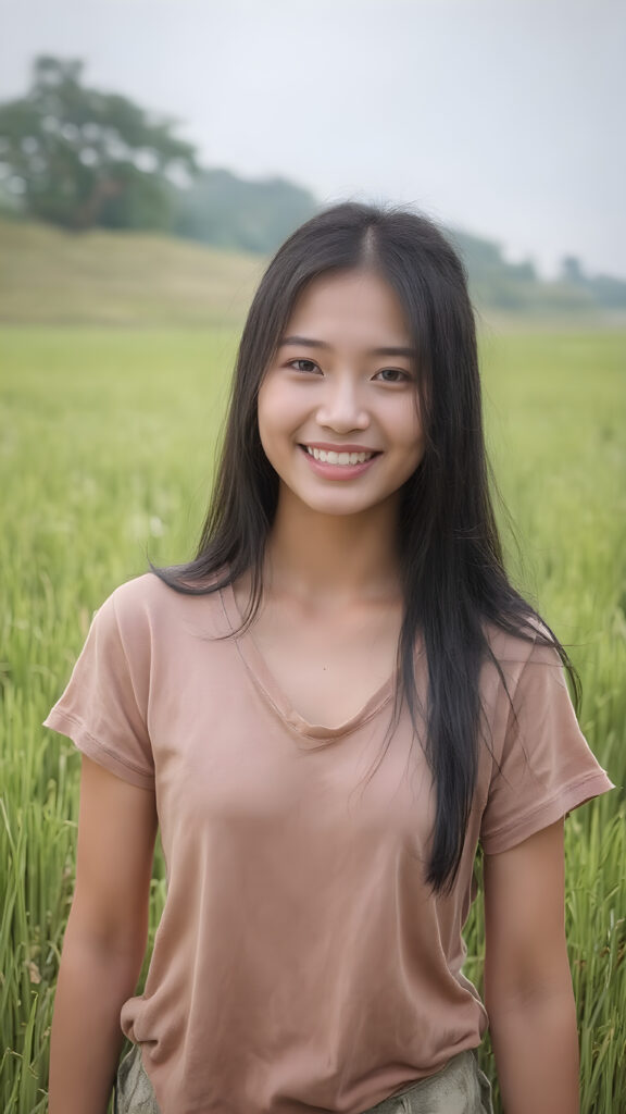 a beautiful and happy Korean girl with silky, straight jet-black hair stands in the middle of a rice paddy, smiling at the camera, wearing a poor, tattered short t-shirt, full body, perfect body, Her long hair falls over her shoulders and covers her upper body, ((realistic)) ((cinematic lights))