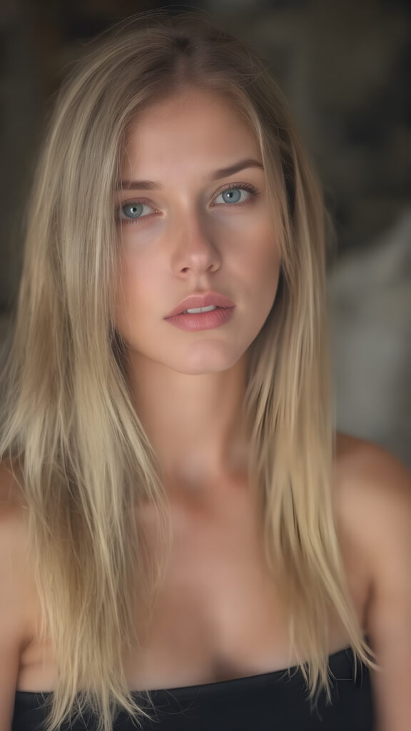 a beautiful and pretty girl with long, straight blonde hair wears a short, skimpy cropped black tank top. She has full, plump lips and looks seductively at the viewer