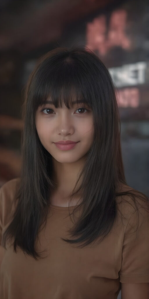 a beautiful and happy Korean young cute girlie with silky, straight jet-black hair, bangs, looks seductive at the camera, wearing tattered brown short t-shirt, full body, perfect body, Her long hair falls over her shoulders and covers her upper body, ((realistic)) ((cinematic lights)), neon light in backdrop