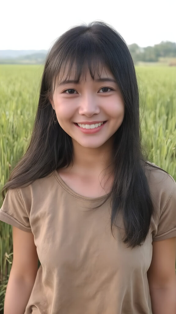a beautiful and happy Korean girl with silky, straight jet-black hair stands in the middle of a rice paddy, smiling at the camera, wearing a poor, tattered short t-shirt, full body, perfect body, Her long hair falls over her shoulders and covers her upper body, ((realistic)) ((cinematic lights))