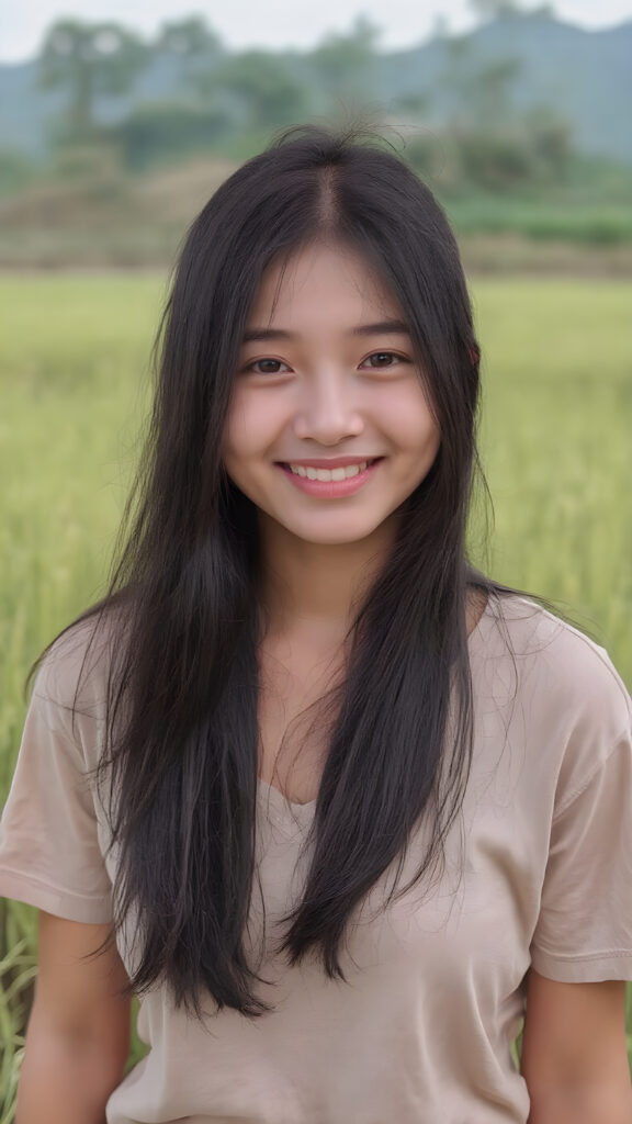 a beautiful and happy Korean girl with silky, straight jet-black hair stands in the middle of a rice paddy, smiling at the camera, wearing a poor, tattered short t-shirt, full body, perfect body, Her long hair falls over her shoulders and covers her upper body, ((realistic)) ((cinematic lights))