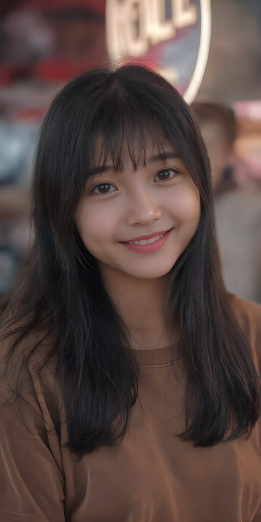 a beautiful and happy Korean young cute girlie with silky, straight jet-black hair, bangs, looks seductive at the camera, wearing tattered brown short t-shirt, full body, perfect body, Her long hair falls over her shoulders and covers her upper body, ((realistic)) ((cinematic lights)), neon light in backdrop