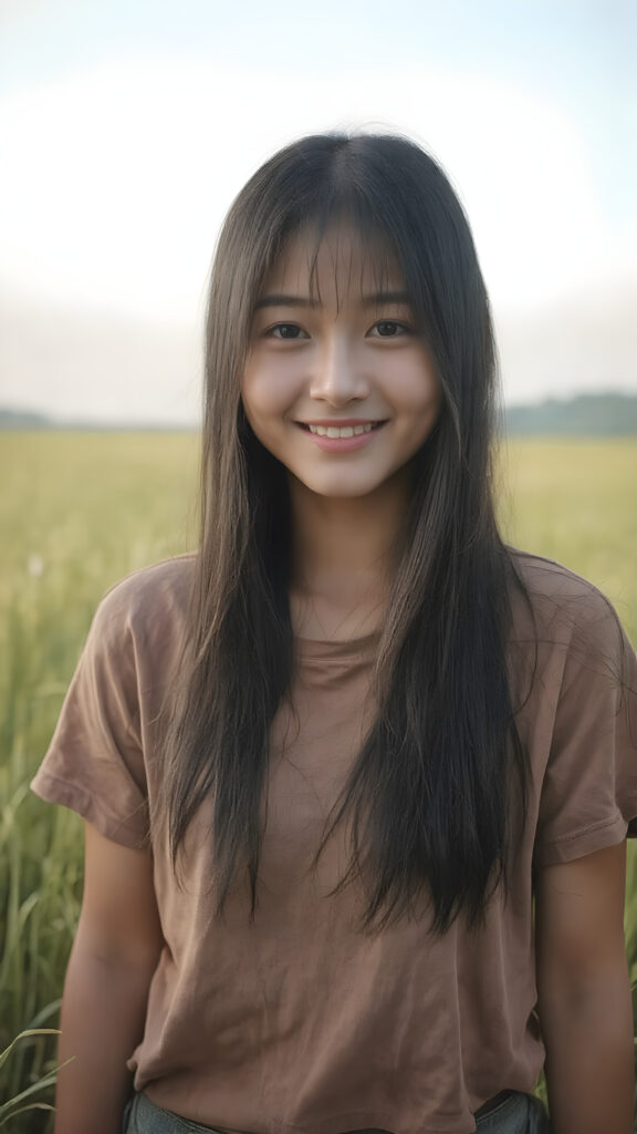 a beautiful and happy Korean girl with silky, straight jet-black hair stands in the middle of a rice paddy, smiling at the camera, wearing a poor, tattered short t-shirt, full body, perfect body, Her long hair falls over her shoulders and covers her upper body, ((realistic)) ((cinematic lights))