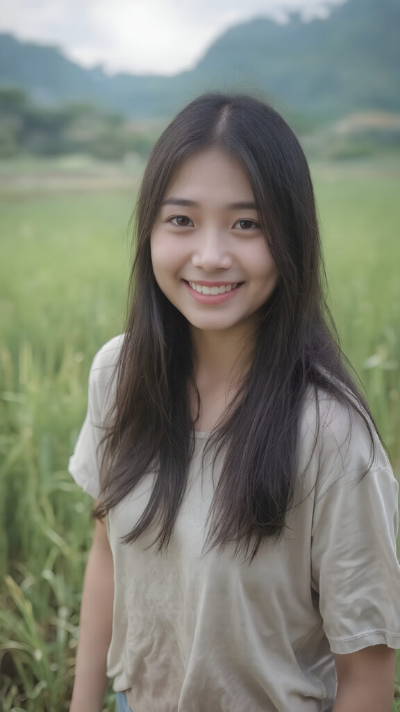 a beautiful and happy Korean girl with silky, straight jet-black hair stands in the middle of a rice paddy, smiling at the camera, wearing a poor, tattered short t-shirt, full body, perfect body, Her long hair falls over her shoulders and covers her upper body, ((realistic)) ((cinematic lights))