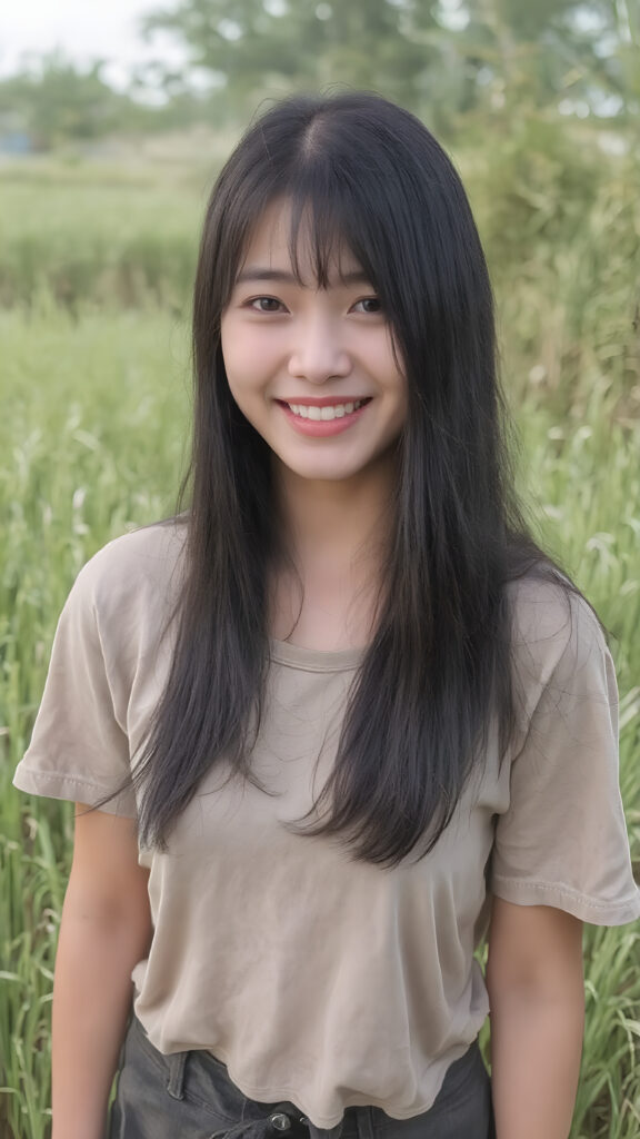 a beautiful and happy Korean girl with silky, straight jet-black hair stands in the middle of a rice paddy, smiling at the camera, wearing a poor, tattered short t-shirt, full body, perfect body, Her long hair falls over her shoulders and covers her upper body, ((realistic)) ((cinematic lights))