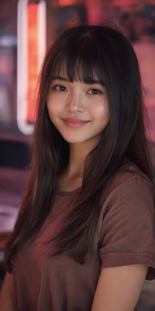 a beautiful and happy Korean young cute girlie with silky, straight jet-black hair, bangs, looks seductive at the camera, wearing tattered brown short t-shirt, full body, perfect body, Her long hair falls over her shoulders and covers her upper body, ((realistic)) ((cinematic lights)), neon light in backdrop