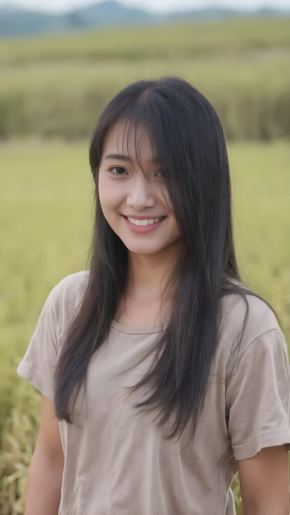 a beautiful and happy Korean girl with silky, straight jet-black hair stands in the middle of a rice paddy, smiling at the camera, wearing a poor, tattered short t-shirt, full body, perfect body, Her long hair falls over her shoulders and covers her upper body, ((realistic)) ((cinematic lights))
