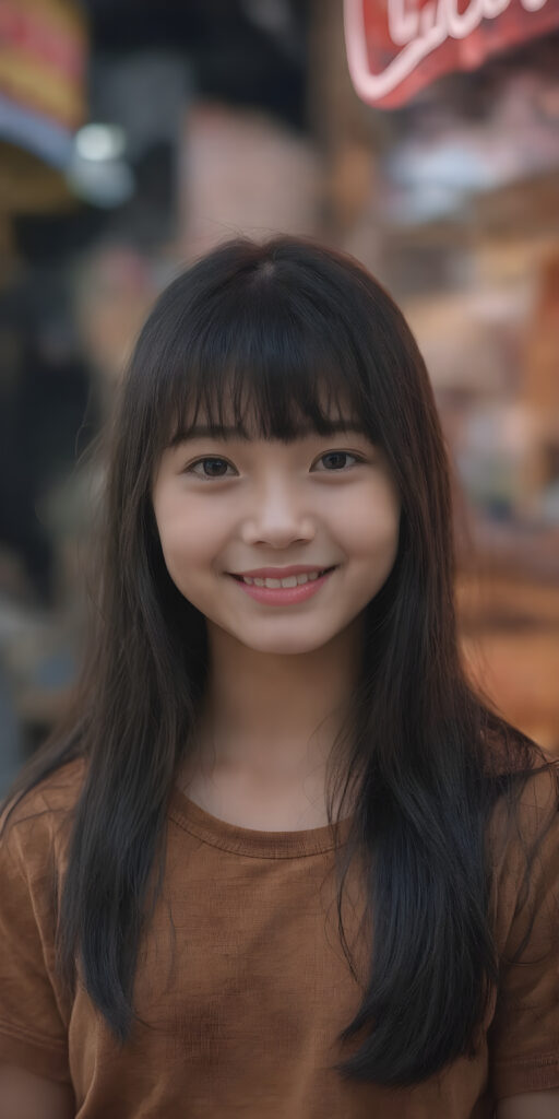 a beautiful and happy Korean young cute girlie with silky, straight jet-black hair, bangs, looks seductive at the camera, wearing tattered brown short t-shirt, full body, perfect body, Her long hair falls over her shoulders and covers her upper body, ((realistic)) ((cinematic lights)), neon light in backdrop