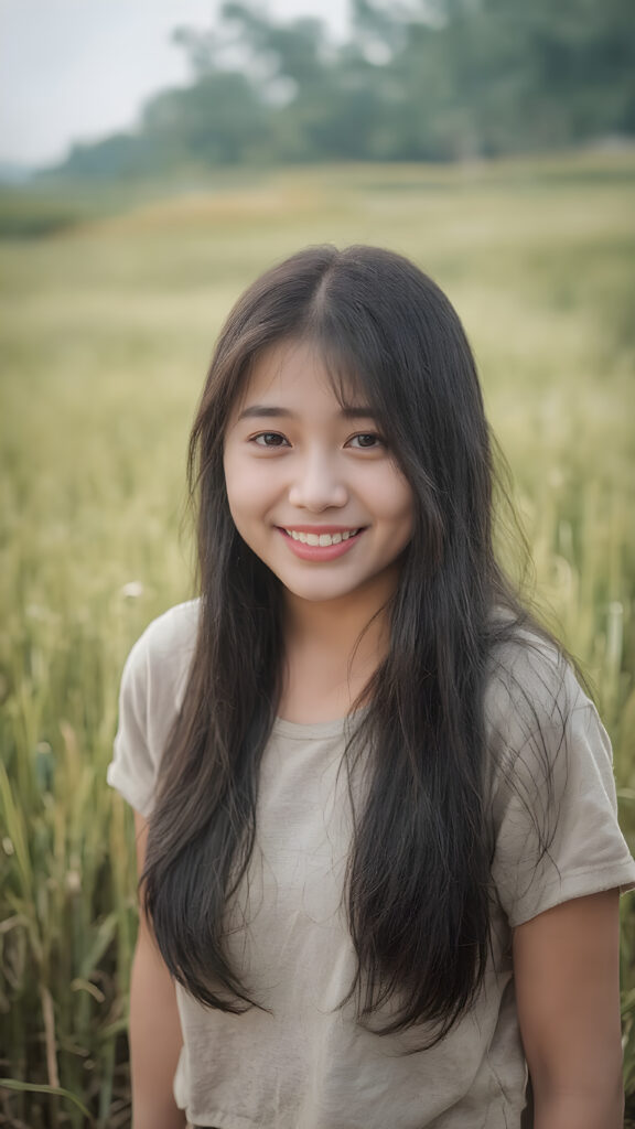 a beautiful and happy Korean girl with silky, straight jet-black hair stands in the middle of a rice paddy, smiling at the camera, wearing a poor, tattered short t-shirt, full body, perfect body, Her long hair falls over her shoulders and covers her upper body, ((realistic)) ((cinematic lights))