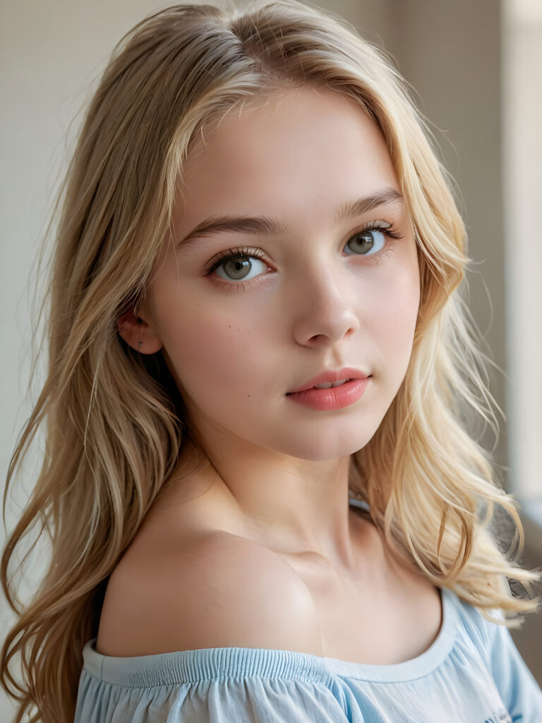 a beautiful and detailed portrait of a young and pretty white-skinned model girl, 14 years old, long straight soft blonde hair falls over her shoulders, she wears a thin short t-shirt, big shining eyes, full lips, her skin is flawlessly beautiful, she has a wonderfull curved body ((side view))